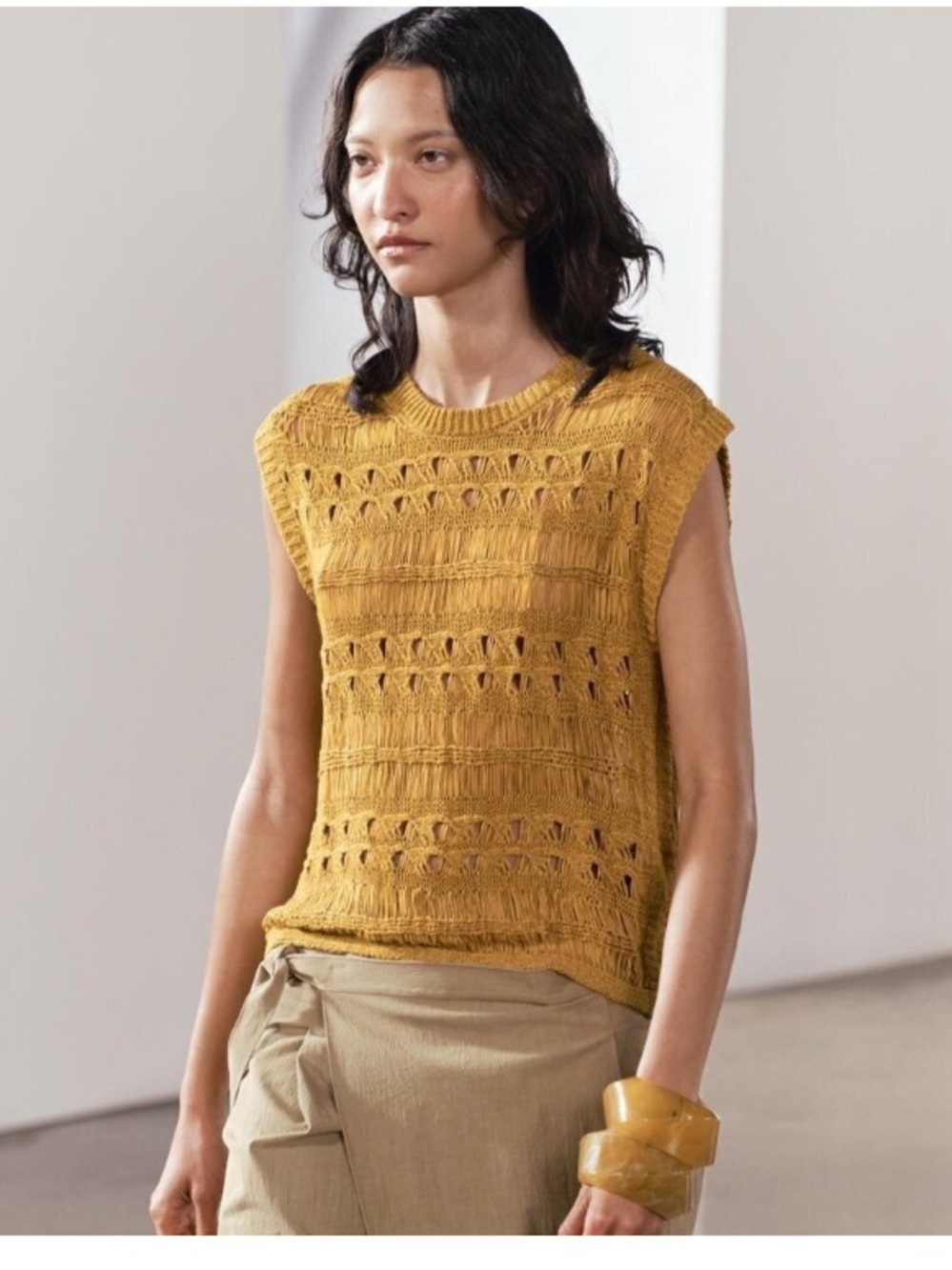 Zara Open-Knit Mustard crochet top
